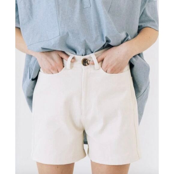 Laude The Label Womens High Rise Denim Shorts Sz 12 100% Cotton Sustainable Ecru - Picture 2 of 7